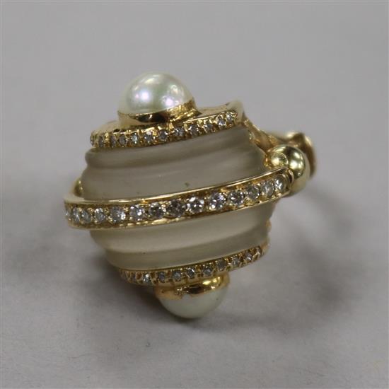 A Walsh Bros 9ct gold, diamond, split pearl and rock crystal? dress ring, size L.